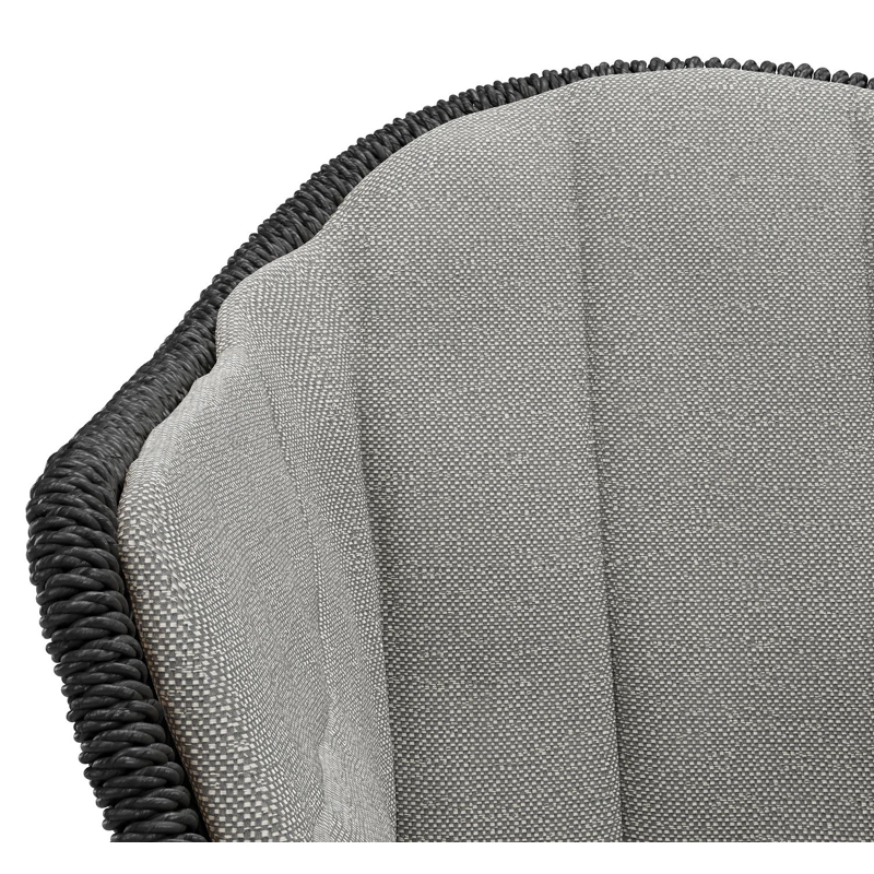 Pagino tuinstoel in zwart aluminium en zwart ronde wicker met zitkussen in All Weather Sunbrella® Luxe Savane Zinc