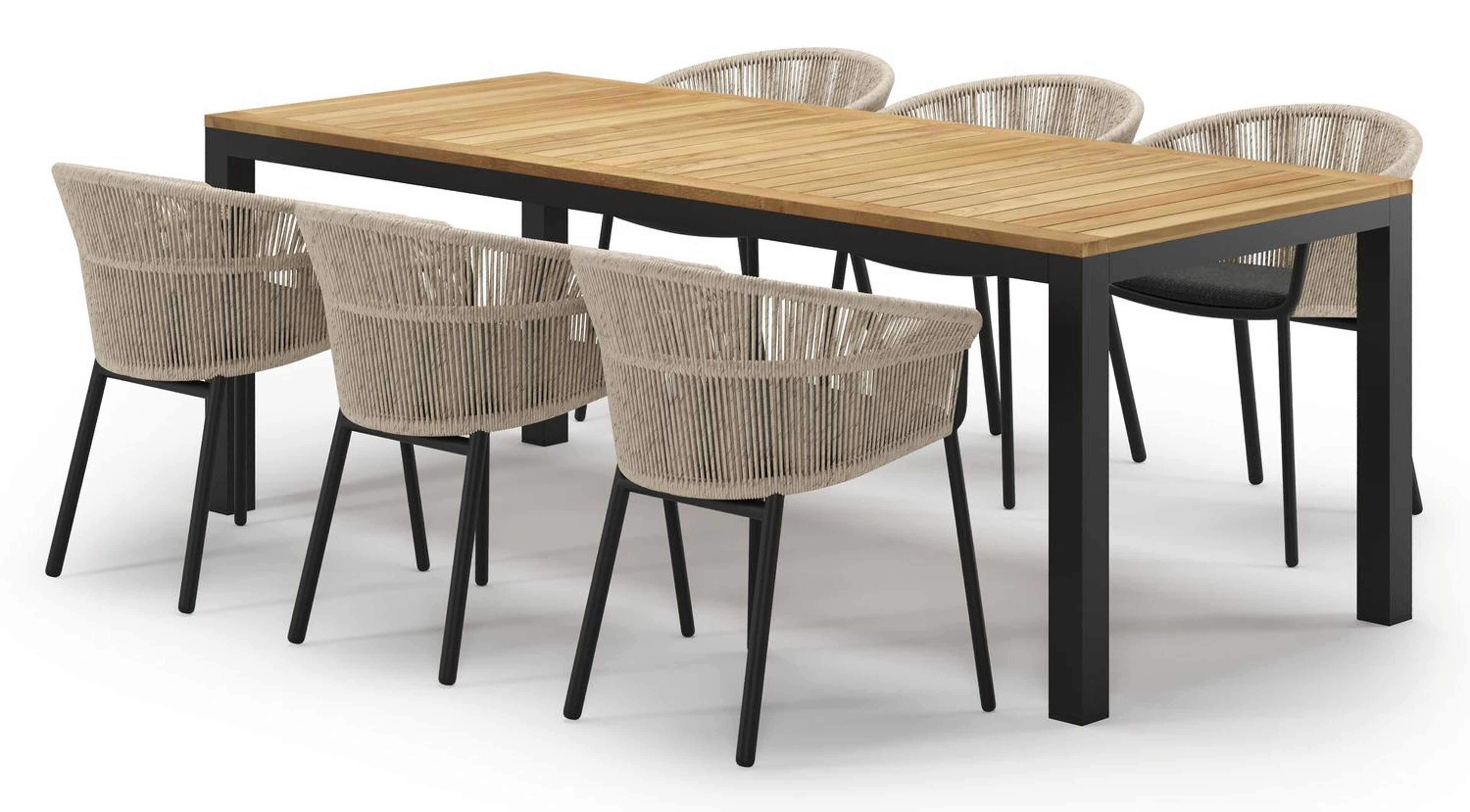 Varese tuinset in zwart aluminium en teak met 6 Matera tuinstoelen