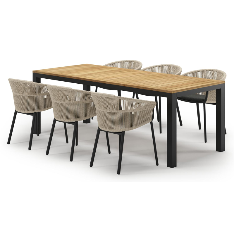 Varese tuinset in zwart aluminium en teak met 6 Matera tuinstoelen