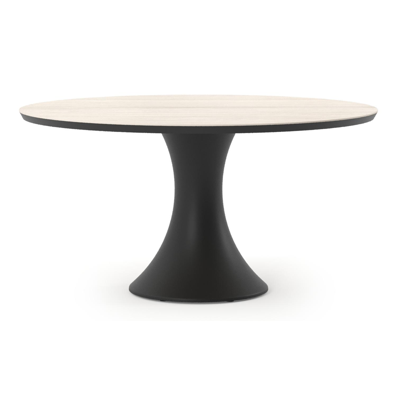 Table de jardin Fano ronde en aluminium noir et céramique pleine Travertino Bianco - Diam. 148 x Haut. 75 cm