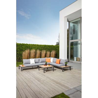 Salon de jardin d'angle Toma en aluminium noir et polywood avec coussin en gris polyester et table basse