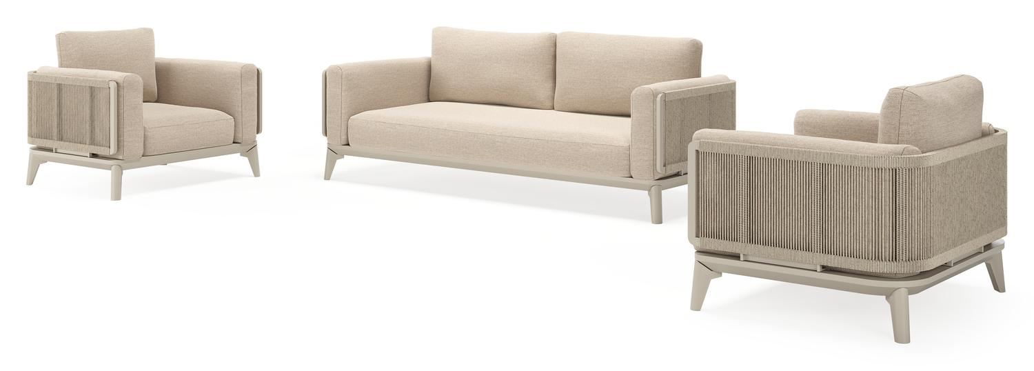 Salon de jardin Mosa en aluminium beige et résine tressée torsadée beige et coussins en weather+ softtouch rustic