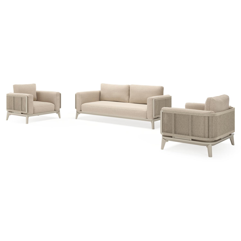 Salon de jardin Mosa en aluminium beige et résine tressée torsadée beige et coussins en weather+ softtouch rustic