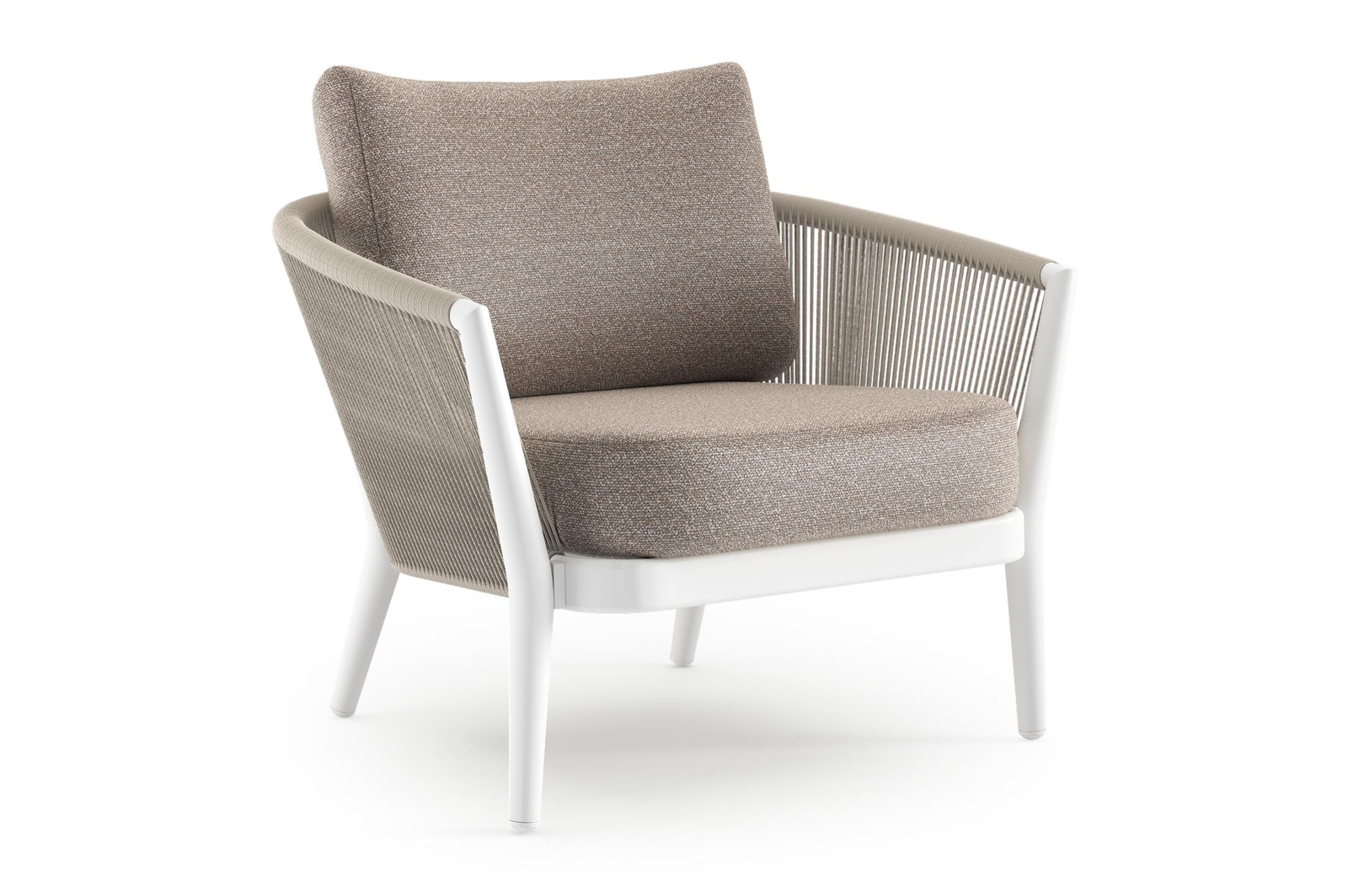 Fauteuil de jardin Orso en aluminium blanc en corde ronde tissée verticalement beige et coussins en all weather sunbrella® luxe Wander Manioc