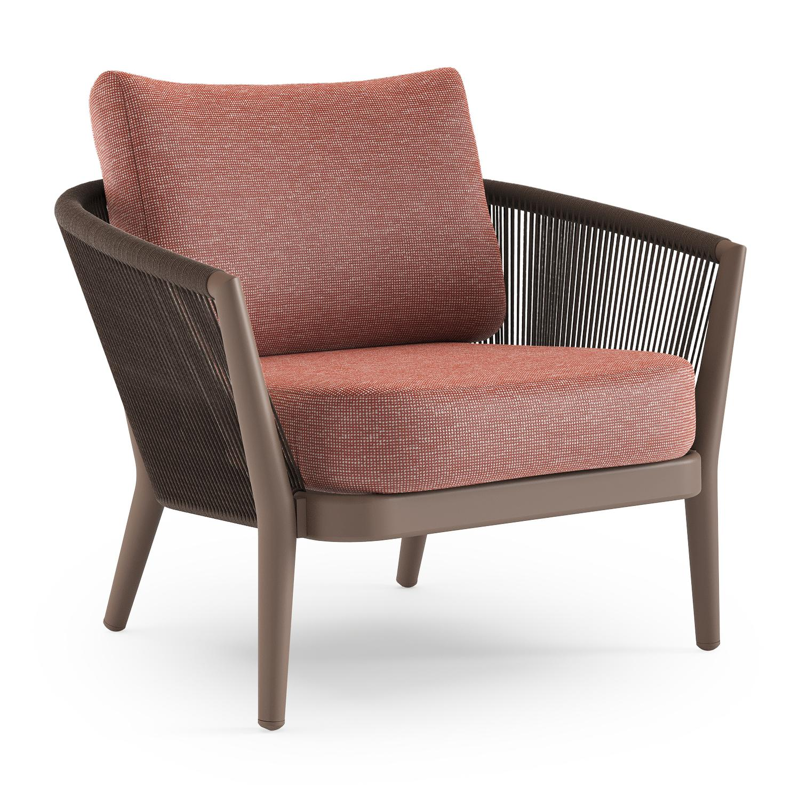 Orso loungestoel in taupe aluminiumen zwart verticaal geweven ronde rope met Slow Alezan all weather sunbrella® luxe kussen