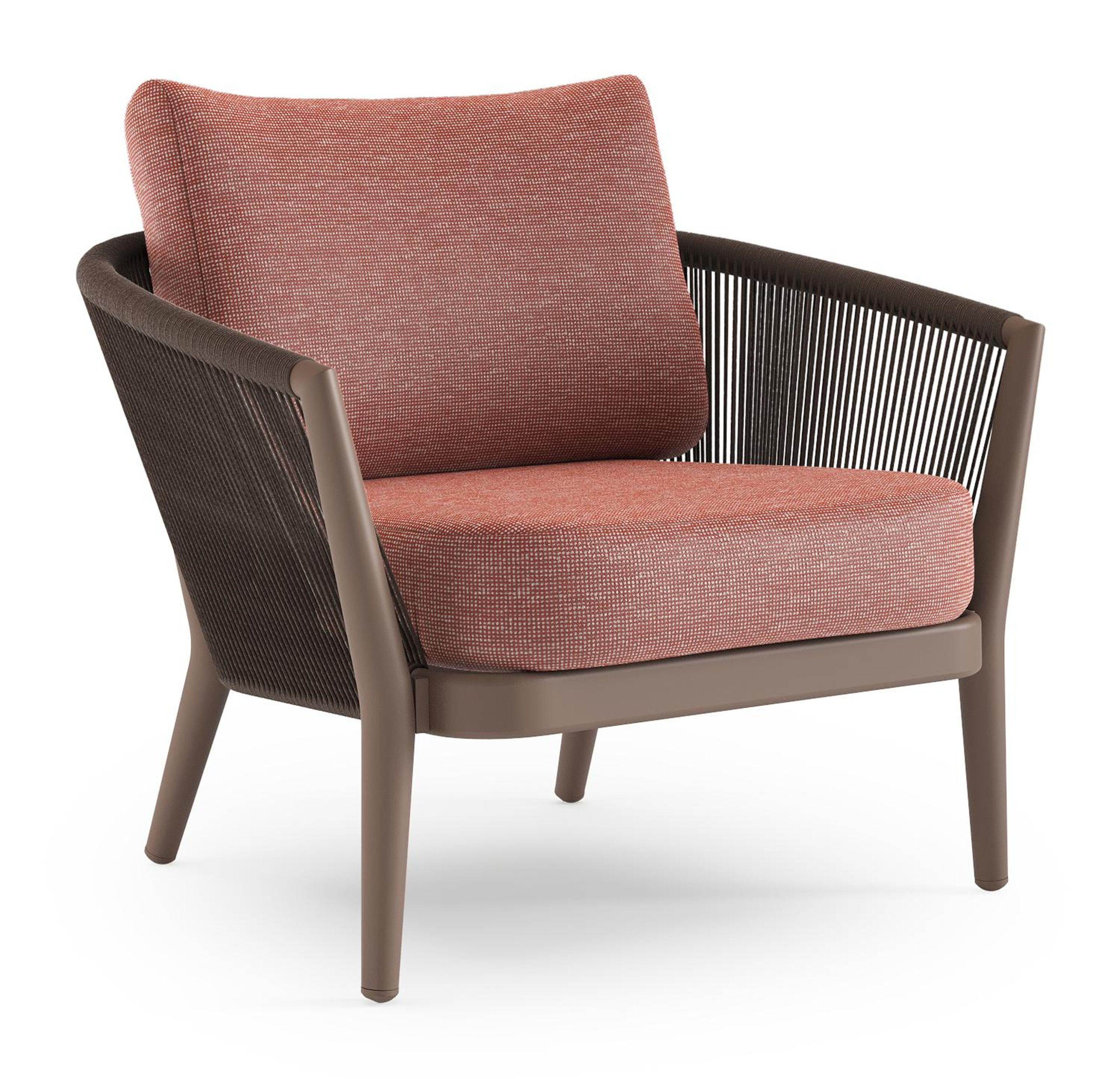 Orso loungestoel in taupe aluminiumen zwart verticaal geweven ronde rope met Slow Alezan all weather sunbrella® luxe kussen