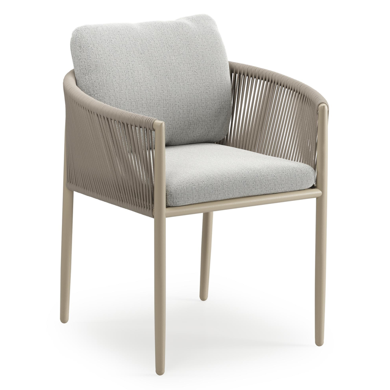 Organo tuinstoel in zwart aluminium en beige verticaal geweven ronde rope met stoelkussen in All Weather Sunbrella® Luxe Savane Nimbus