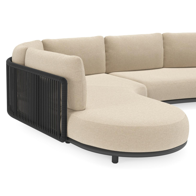 Salon de jardin d'angle Lomano en aluminium noir et corde luxe plate tissée verticalement noir et coussins en all weather cosytica althea chalk