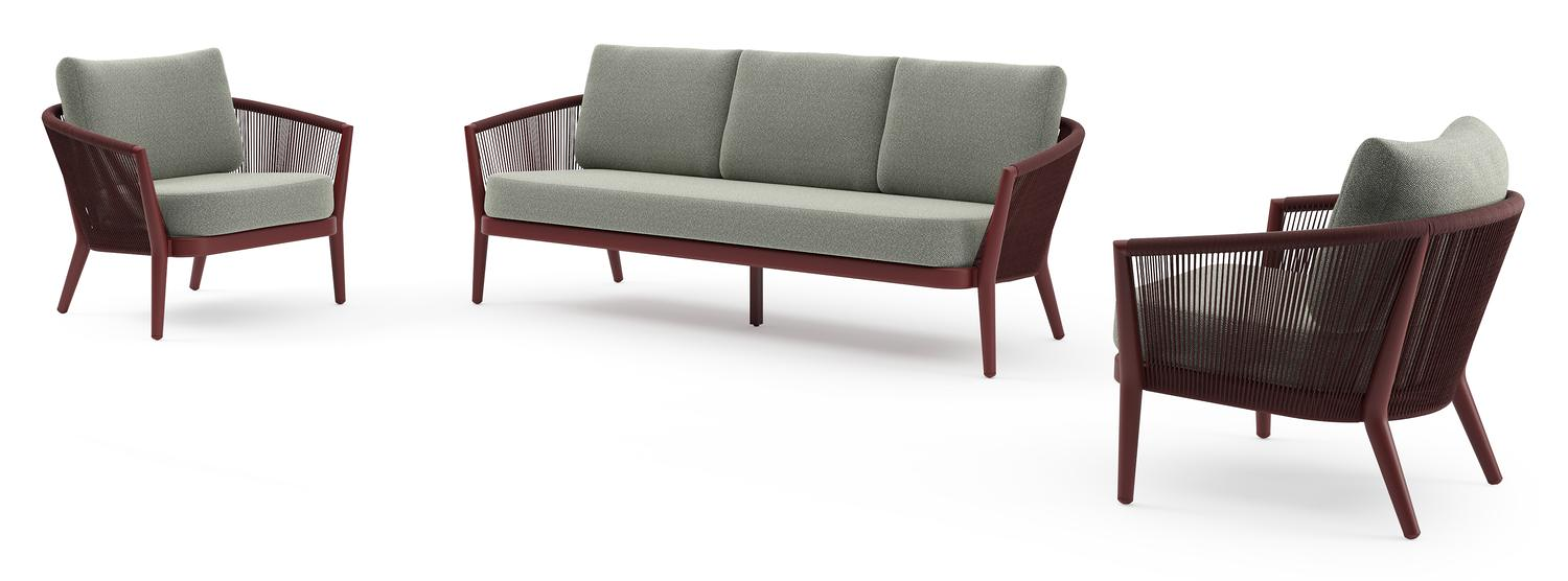 Orso loungeset in ruby aluminium en ruby verticaal geweven ronde rope met Savane Leaf all weather sunbrella® luxe kussen