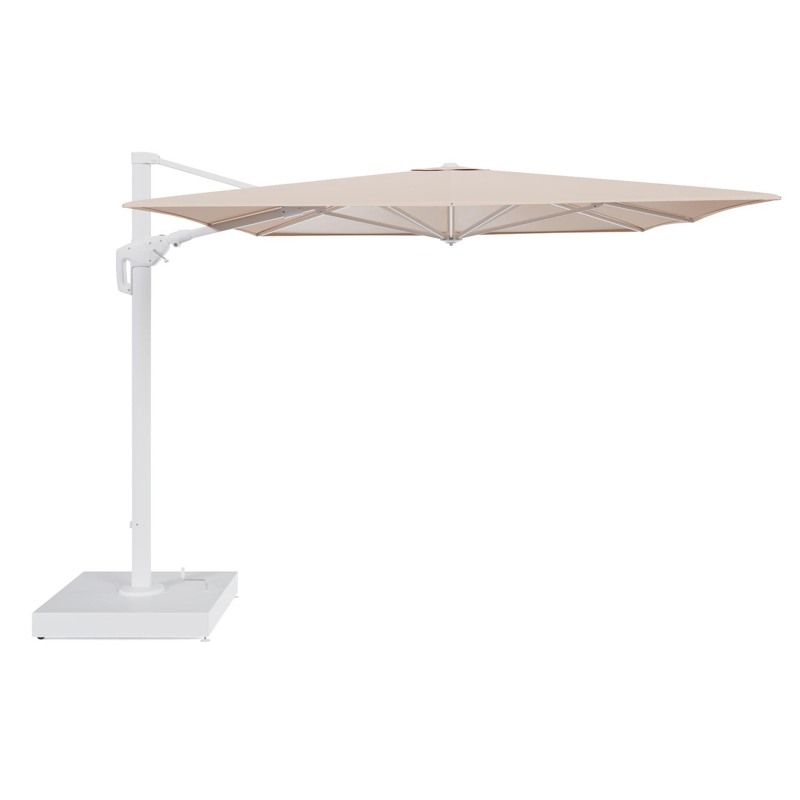 Parasol pendant Minore tilt en aluminium blanc et toile All Weather Sunbrella® Luxe Natte Linen Chalk - Lg.1 400 x Lg.2 300 cm avec pied de parasol Minore 260 kg avec roulettes