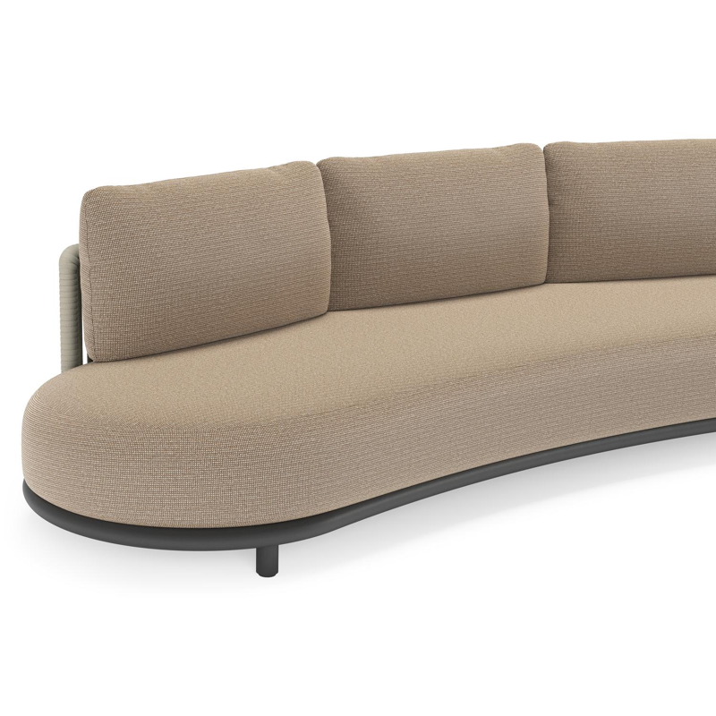 Canapé de jardin Lomano en aluminium noir et corde luxe plate tissée verticalement beige et coussins en all weather solica Firenze Earth