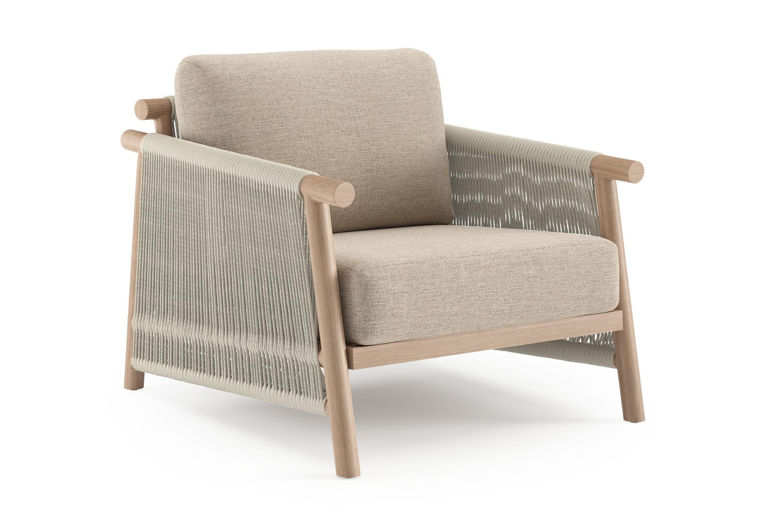 Erla loungestoel in houtlook verticaal geweven ronde rope en beige verticaal geweven ronde rope met rustic weather+ softtouch kussen