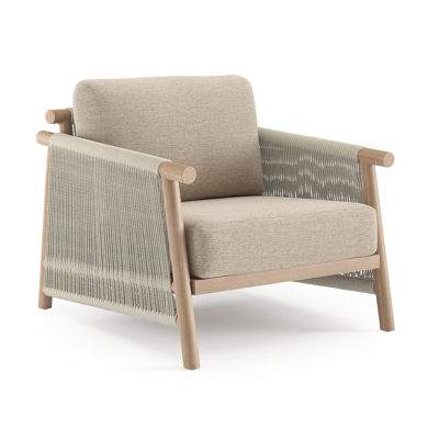 Erla loungestoel in houtlook verticaal geweven ronde rope en beige verticaal geweven ronde rope met rustic weather+ softtouch kussen