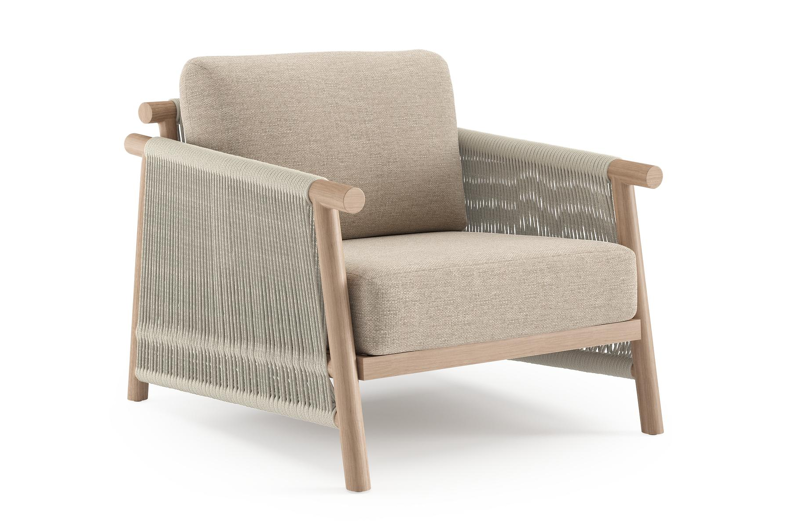 Erla loungestoel in houtlook verticaal geweven ronde rope en beige verticaal geweven ronde rope met rustic weather+ softtouch kussen