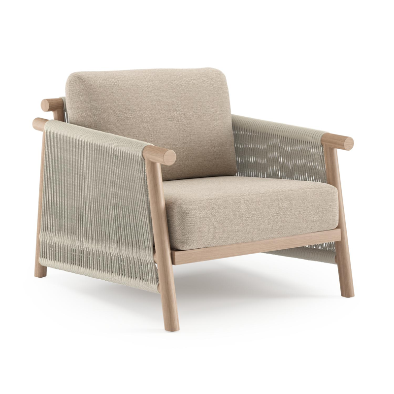 Erla loungestoel in houtlook verticaal geweven ronde rope en beige verticaal geweven ronde rope met rustic weather+ softtouch kussen