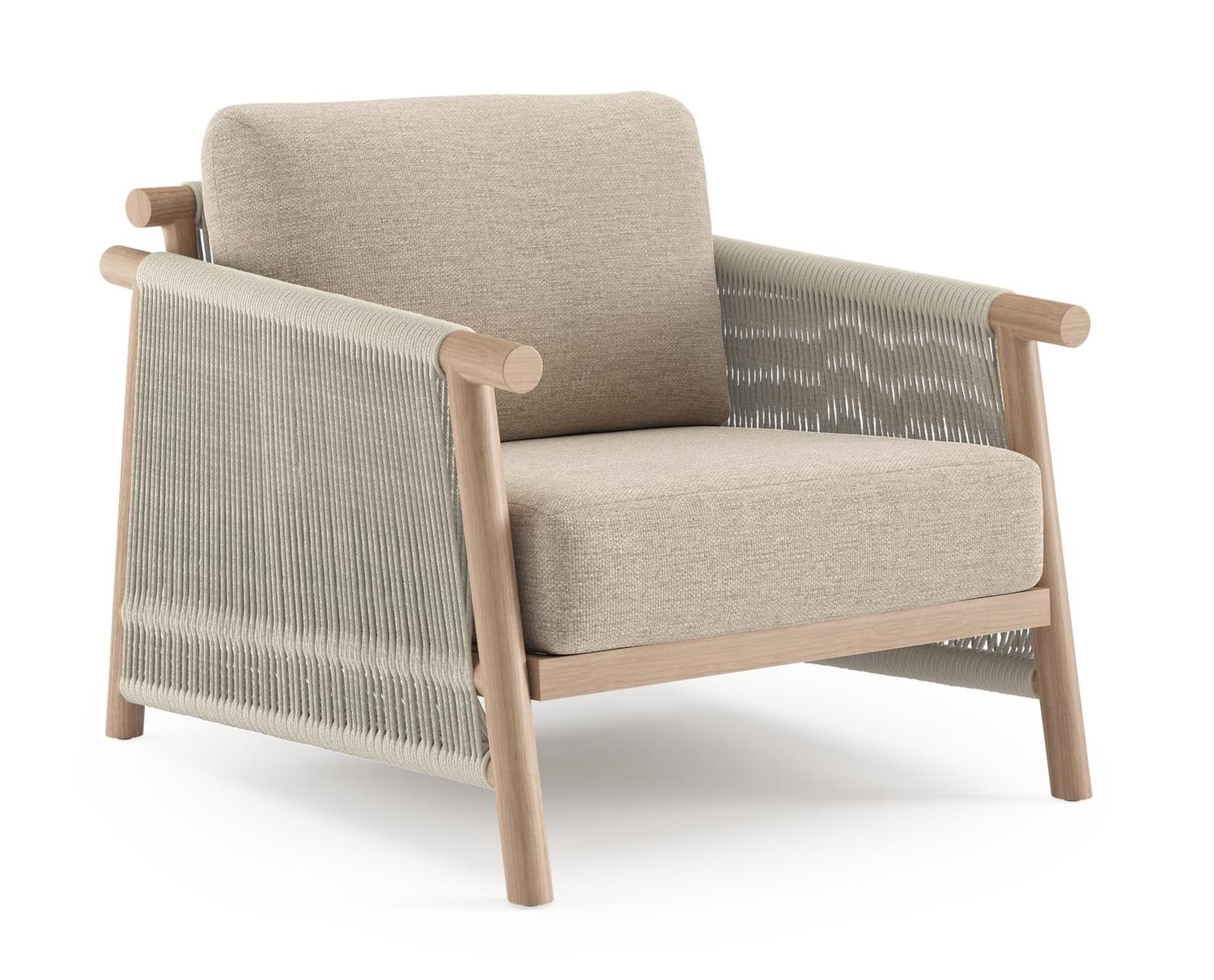 Erla loungestoel in houtlook verticaal geweven ronde rope en beige verticaal geweven ronde rope met rustic weather+ softtouch kussen