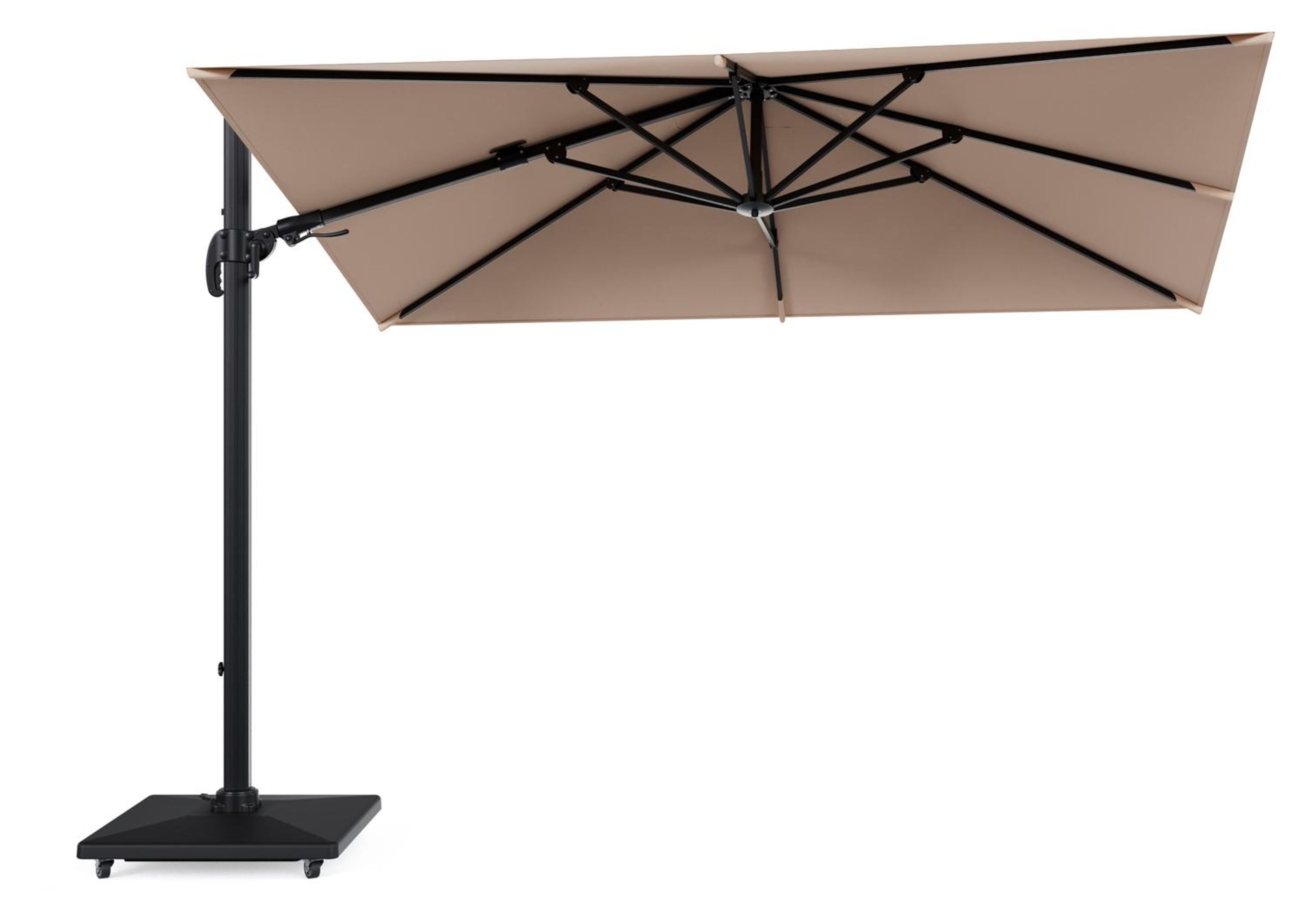 Avola zweefparasol met tiltfunctie in zwart aluminium en Natte Linen Chalk Sunbrella Premium parasoldoek - L1 200 x L2 300 cm met parasolvoet Avola 90 kg