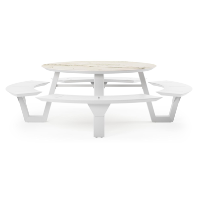 Rondino picknicktafel in wit aluminium en volkeramiek colorado dunes tafelblad - Dia. 148 x H 71.5 cm