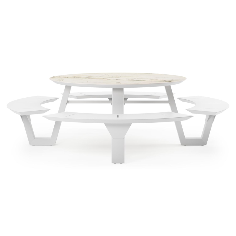 Rondino picknicktafel in wit aluminium en volkeramiek colorado dunes tafelblad - Dia. 148 x H 71.5 cm