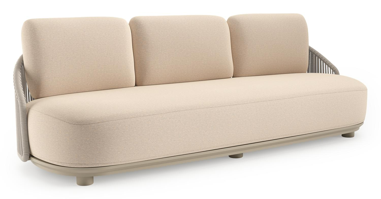 Canapé de jardin Vadelo en aluminium beige et corde ronde tissée verticalement beige et coussins en all weather sunbrella® luxe heritage papyrus