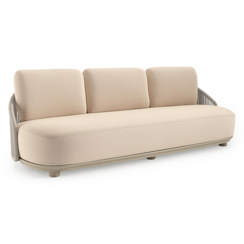 Canapé de jardin Vadelo en aluminium beige et corde ronde tissée verticalement beige et coussins en all weather sunbrella® luxe heritage papyrus