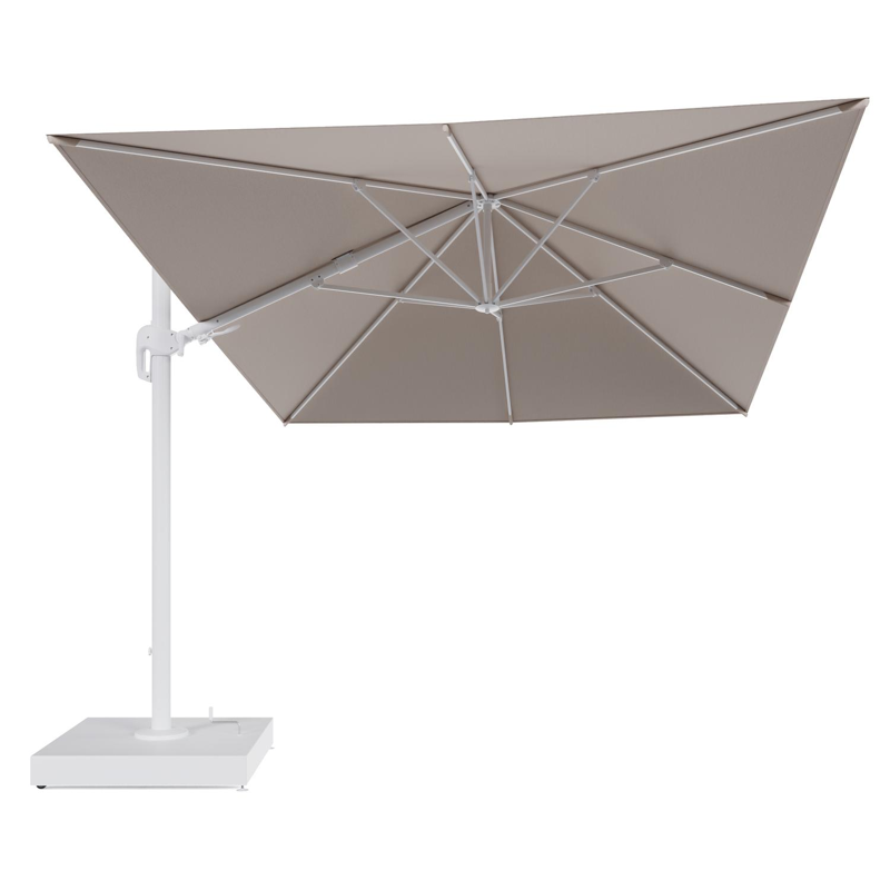Rufina zweefparasol met tiltfunctie in wit aluminium en Wander Pilat All Weather Sunbrella® Luxe parasoldoek - L1 400 x L2 300 cm met parasolvoet Minore 260 kg met wielen