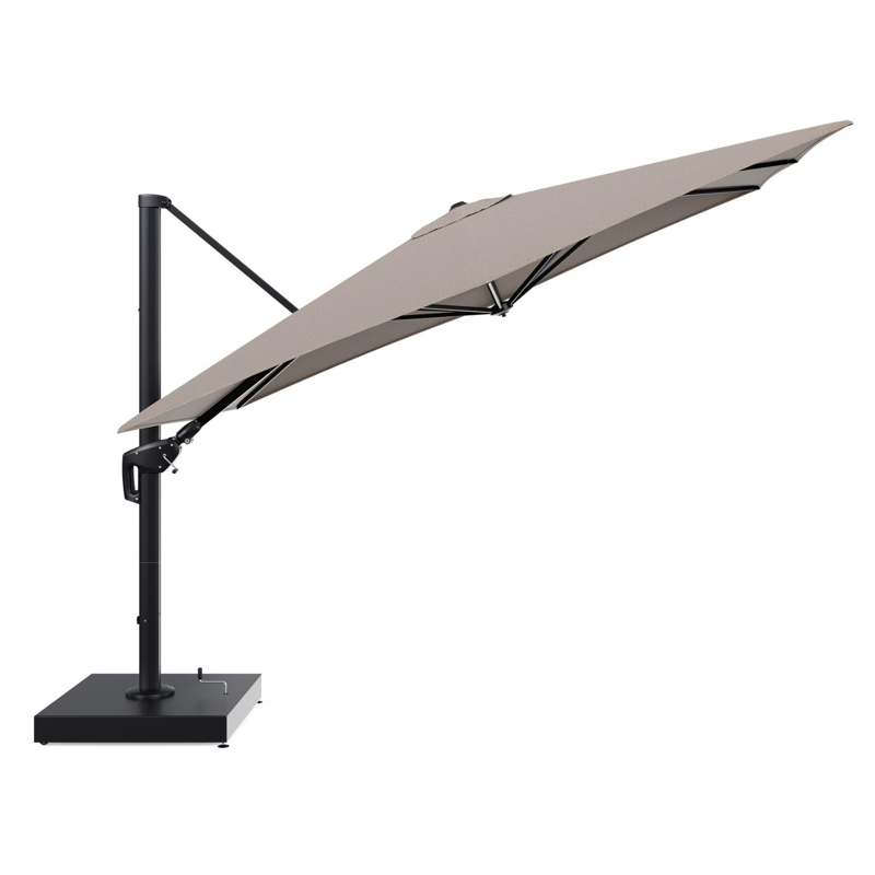 Parasol pendant Minore avec fonction tilt en aluminium noir et toile de parasol All Weather Solica Firenze Earth - Lg.1: 280 x Lg.2: 370 cm avec pied de parasol Minore 260 kg avec roulettes
