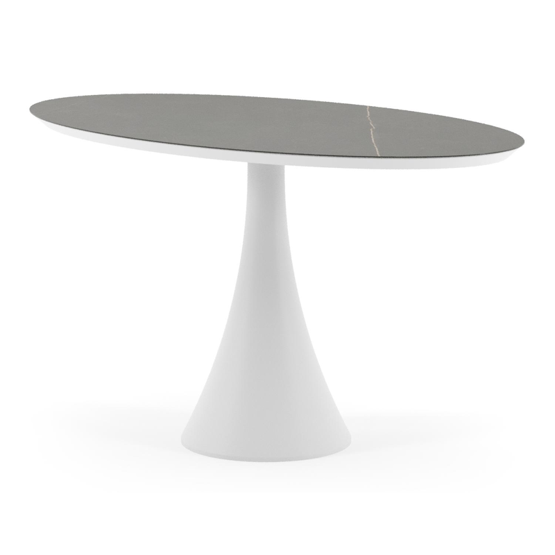 Table de jardin Fano oval en aluminium blanc et céramique pleine Calatorao - Lg. 140 x Lrg. 80 x Haut. 74.5 cm