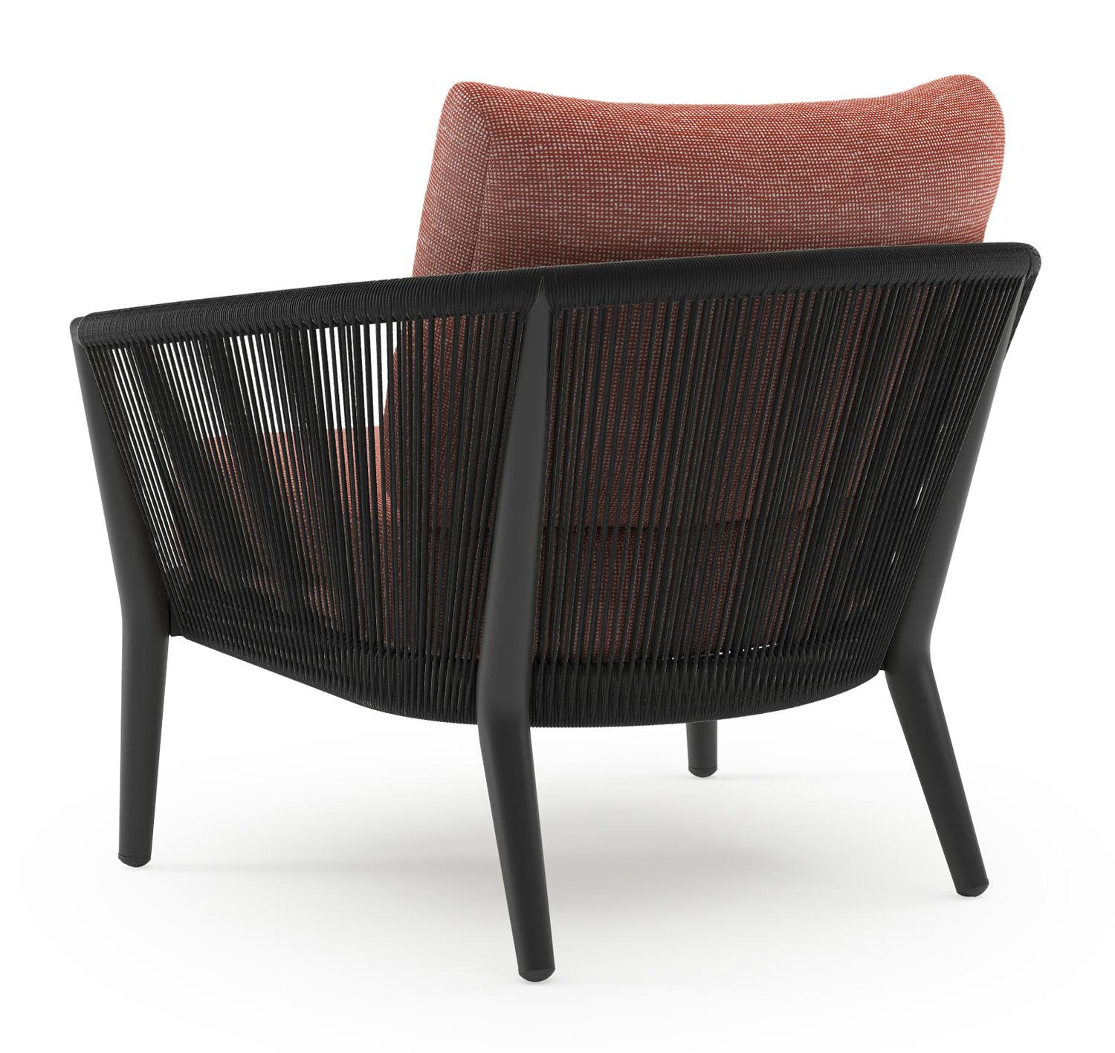Orso loungestoel in zwart aluminium en zwart verticaal geweven ronde rope met Slow Alezan all weather sunbrella® luxe kussen
