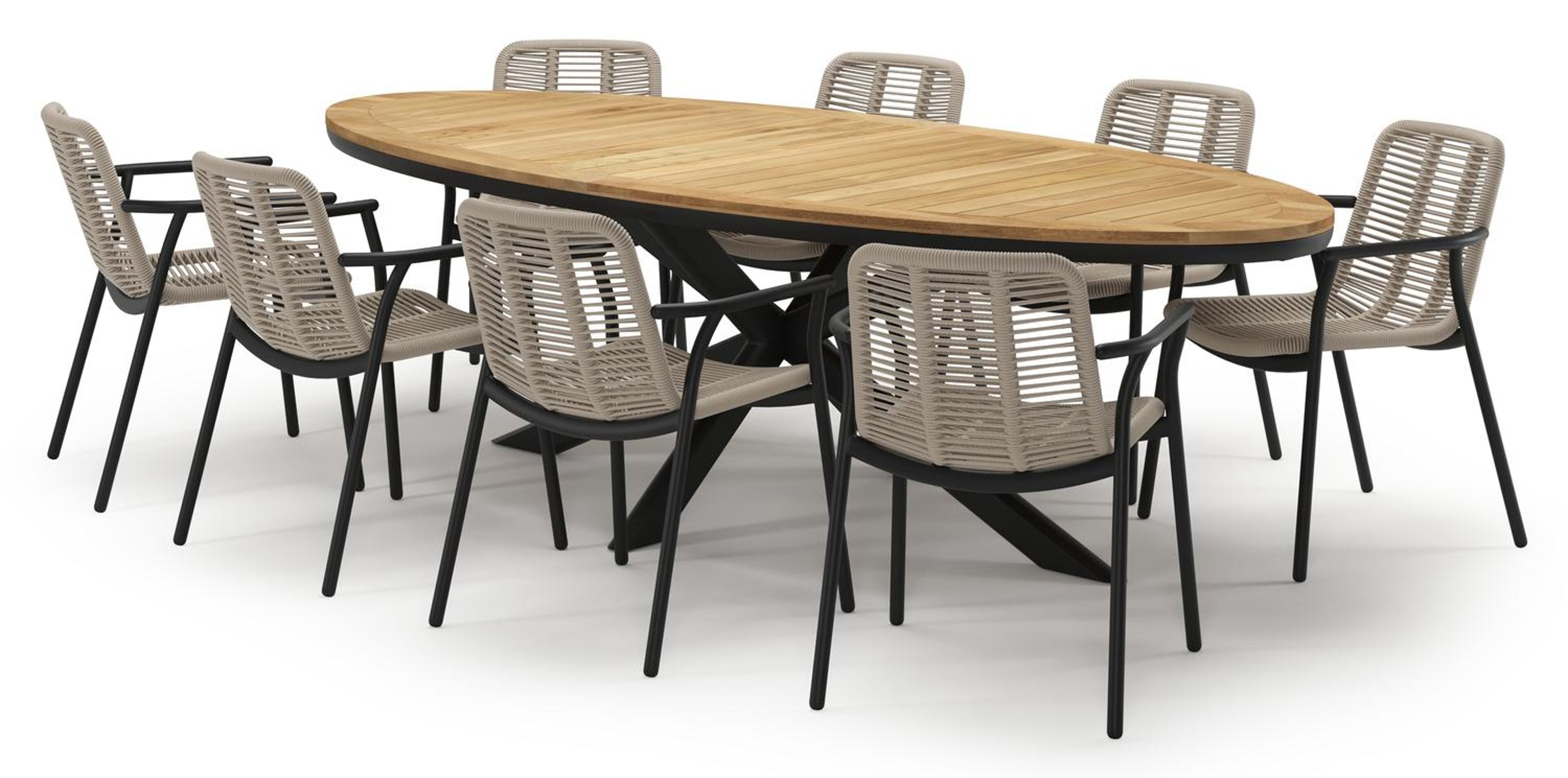Pamplona tuinset in zwart aluminium en teak met 8 stapelbare Berga tuinstoelen
