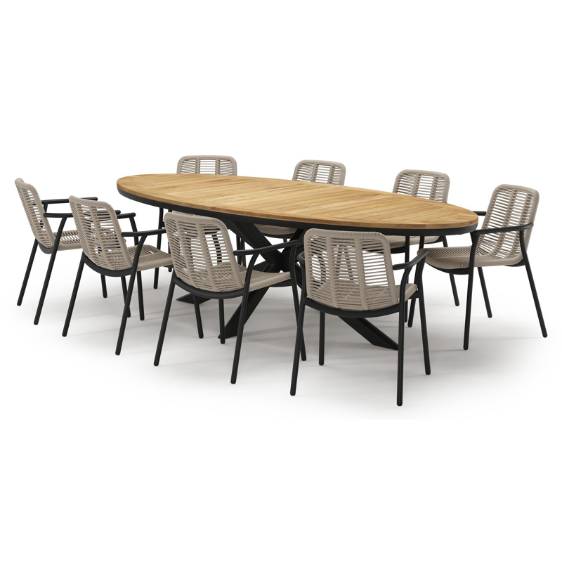 Pamplona tuinset in zwart aluminium en teak met 8 stapelbare Berga tuinstoelen