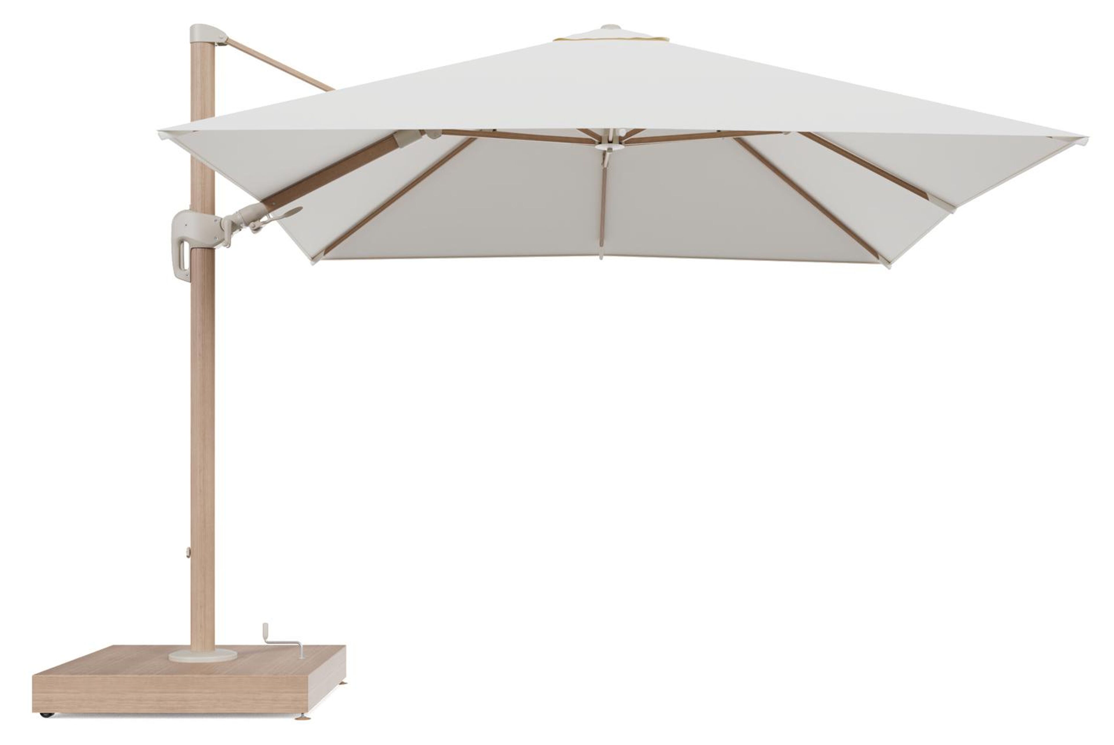 Rufina zweefparasol met tiltfunctie in houtlook aluminium en Natte White All Weather Sunbrella® Luxe parasoldoek - L1 300 x L2 300 cm met parasolvoet Minore 260 kg met wielen