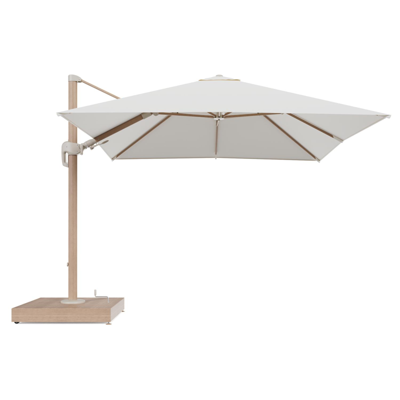 Rufina zweefparasol met tiltfunctie in houtlook aluminium en Natte White All Weather Sunbrella® Luxe parasoldoek - L1 300 x L2 300 cm met parasolvoet Minore 260 kg met wielen