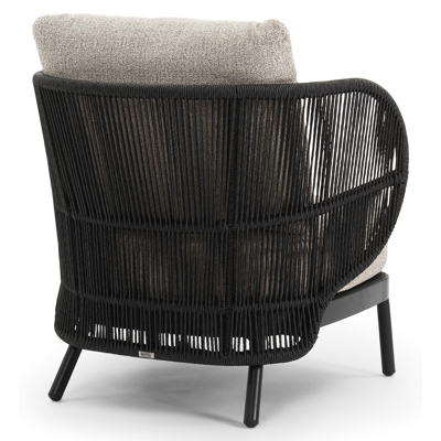 Lugano loungestoel 1-zit in zwart aluminium en zwart gedraaide ronde wicker met catania beige All Weather Cosytica kussen