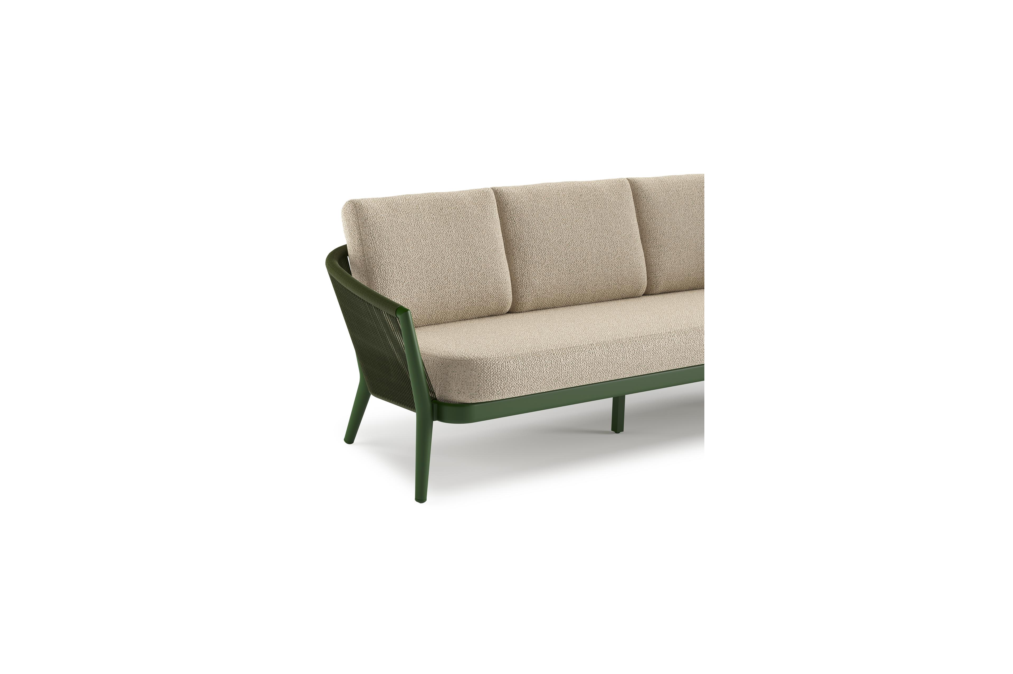 Orso loungeset in groen aluminium en groen verticaal geweven ronde rope met Bora Forest all weather cosytica kussen