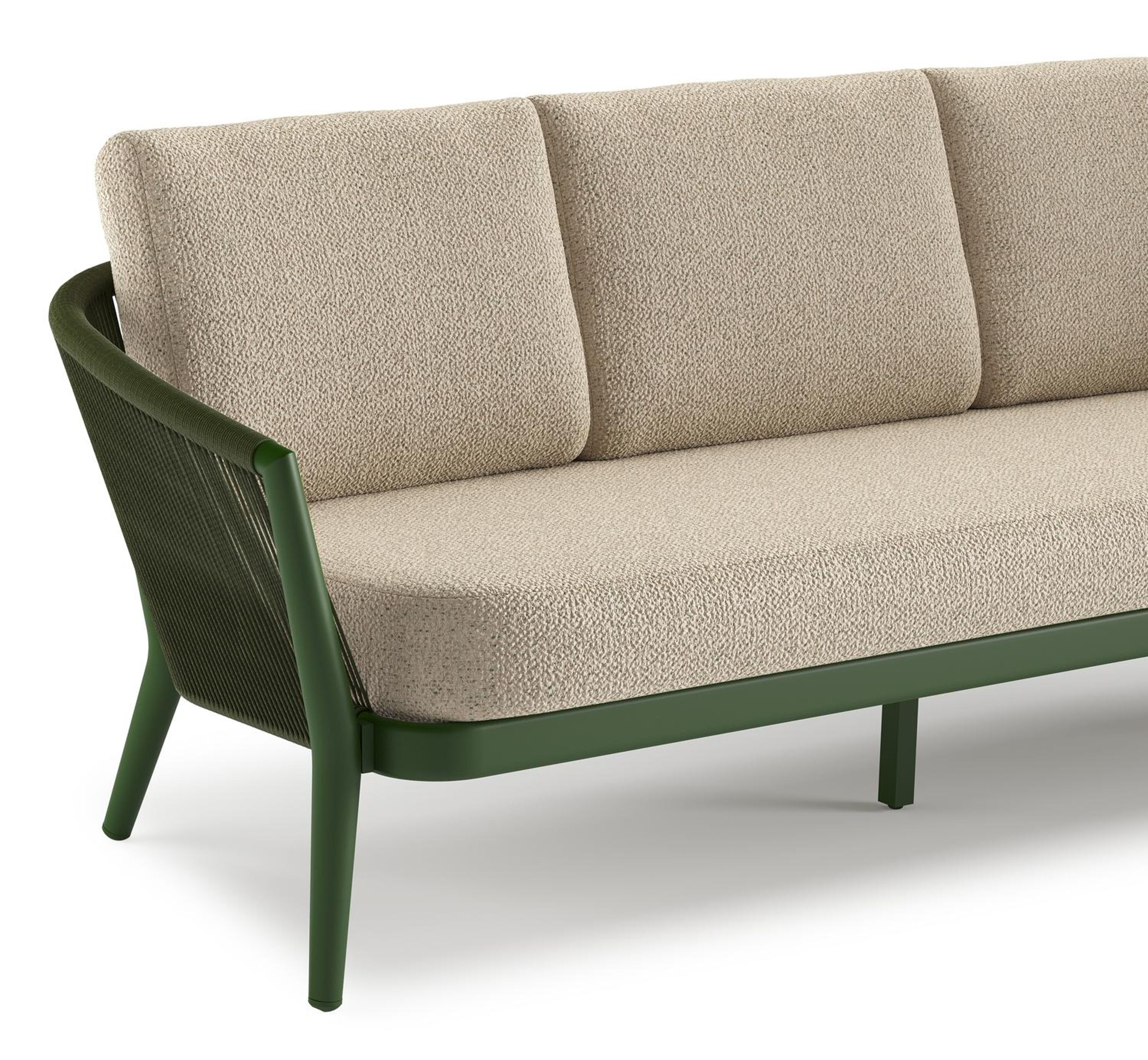 Orso loungeset in groen aluminium en groen verticaal geweven ronde rope met Bora Forest all weather cosytica kussen