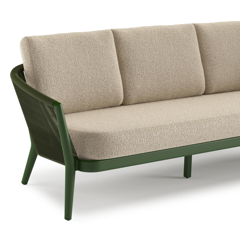 Orso loungeset in groen aluminium en groen verticaal geweven ronde rope met Bora Forest all weather cosytica kussen