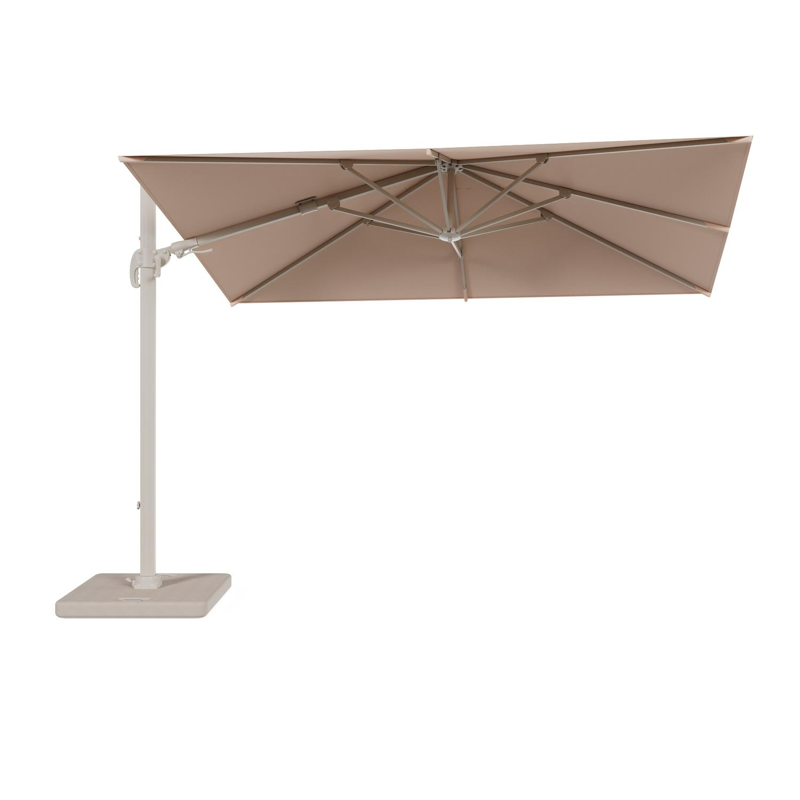 Avola zweefparasol met tiltfunctie in beige aluminium en Natte Linen Chalk Sunbrella Premium parasoldoek - L1 200 x L2 300 cm met parasolvoet Pedito 120 kg