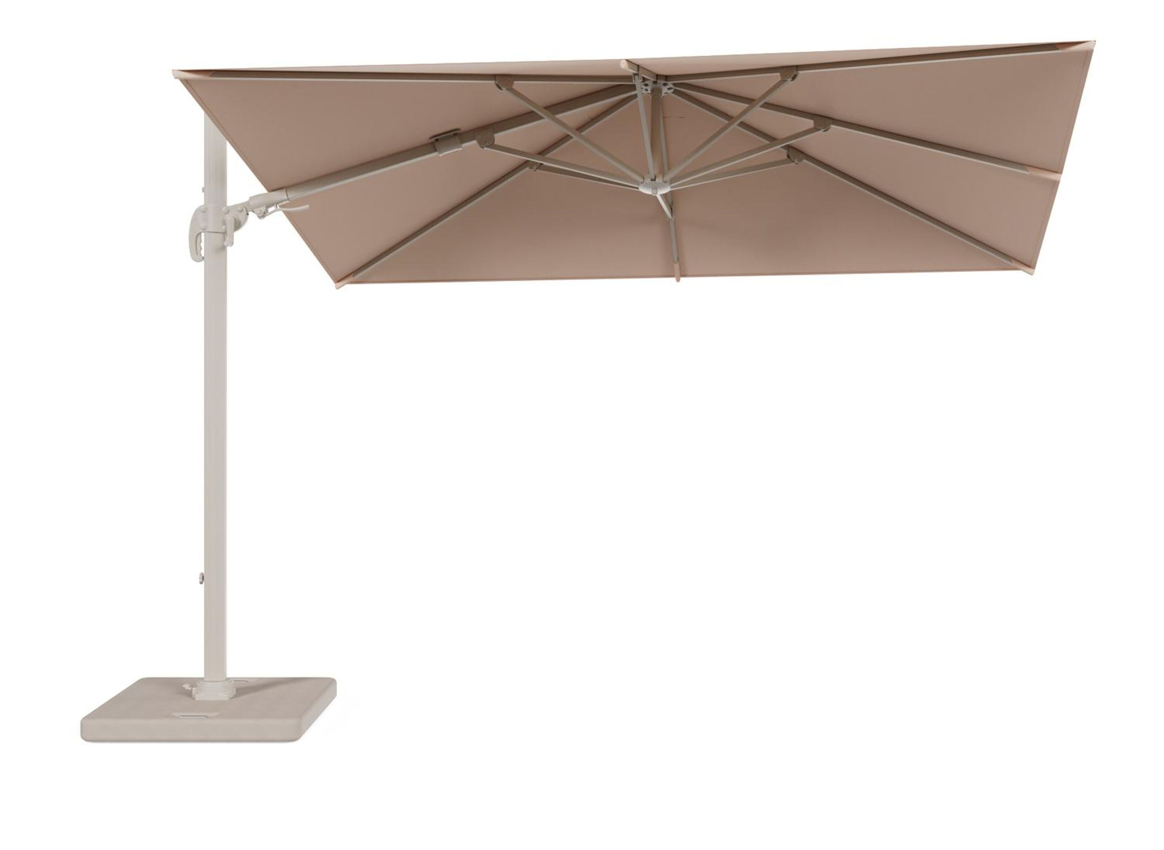 Parasol pendant Avola avec fonction tilt en aluminium beige et toile de parasol Sunbrella Premium Natte Linen Chalk - Lg.1 200 x Lg.2 300 cm avec pied de parasol Pedito 120 kg