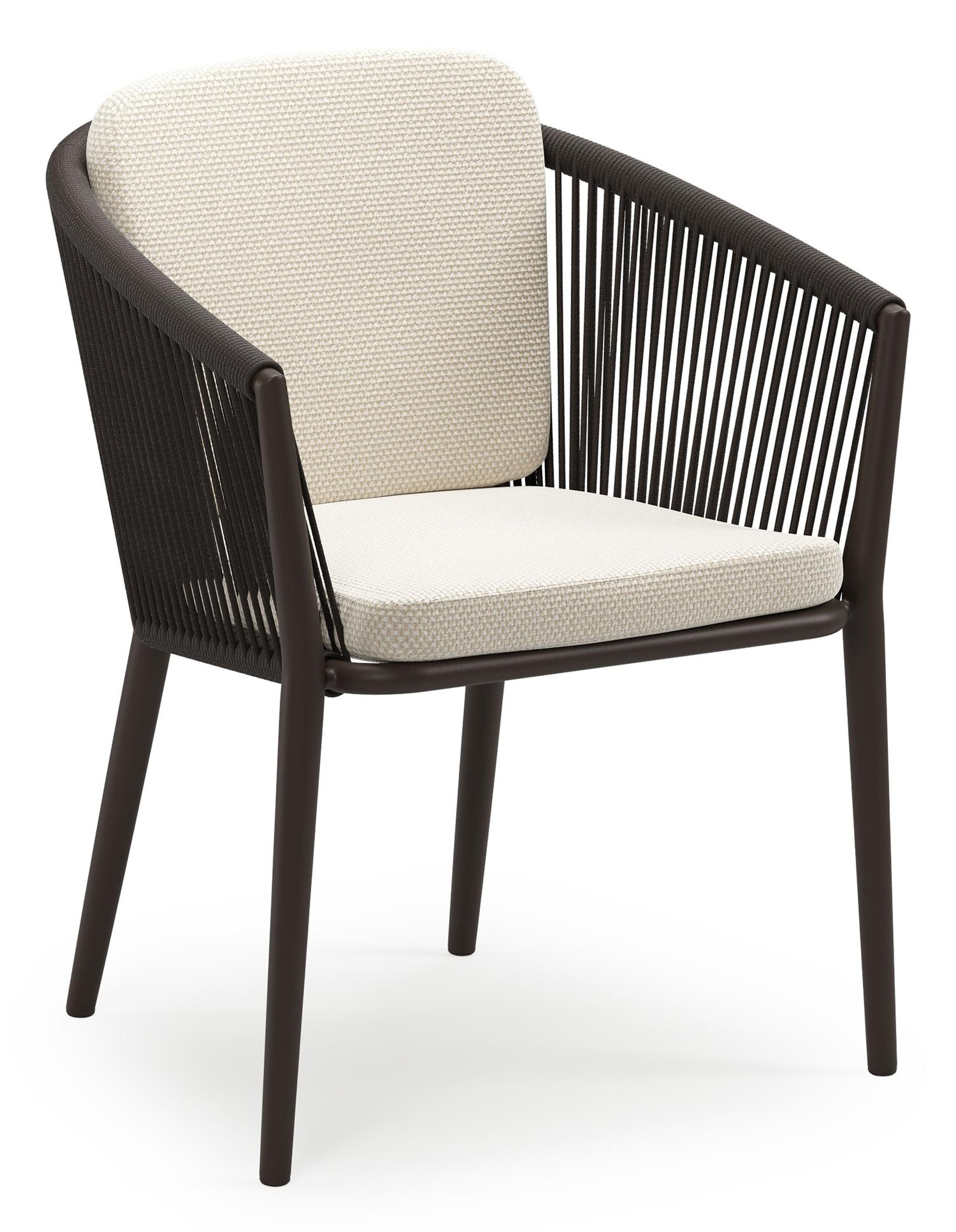 Chaise de jardin empilable Orso en aluminium brun foncé et corde ronde tissée verticalement brun foncé avec coussin en All Weather Cosytica Althea Off White
