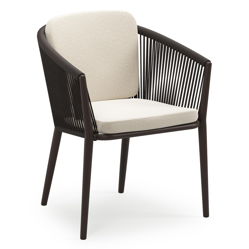 Orso stapelbare tuinstoel in donkerbruin aluminium en donkerbruin verticaal geweven ronde rope met stoelkussen in All Weather Cosytica Althea Off White