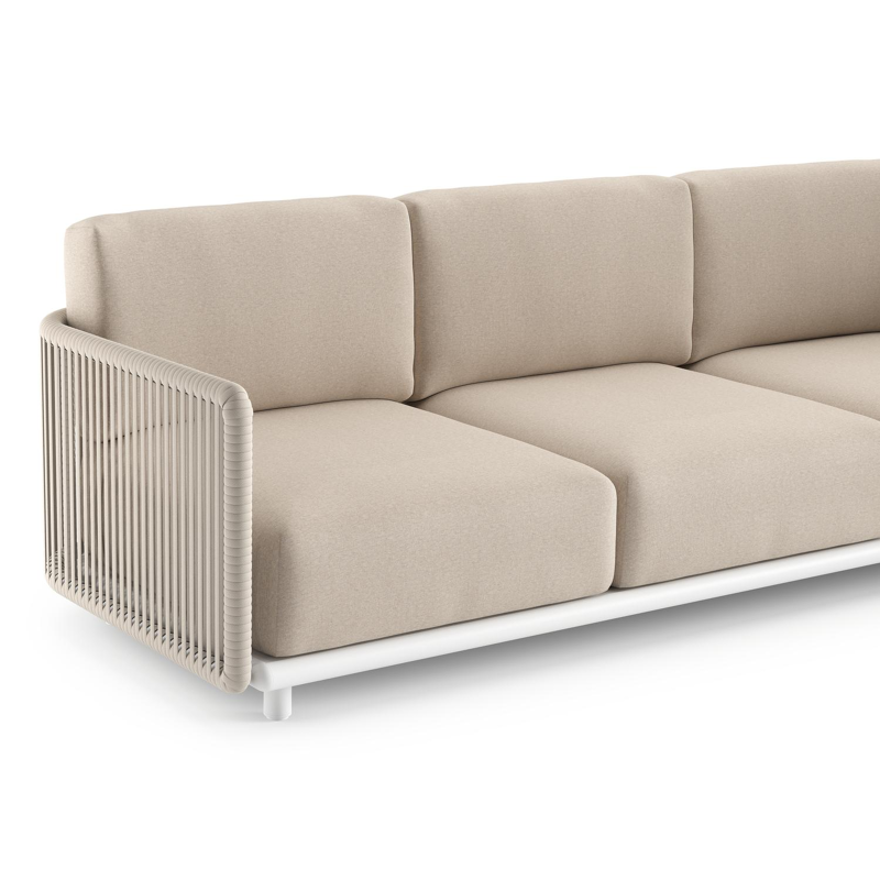 Organo loungehoek in wit aluminium en beige verticaal geweven luxe vlakke rope met heritage ash all weather Sunbrella® luxe kussen