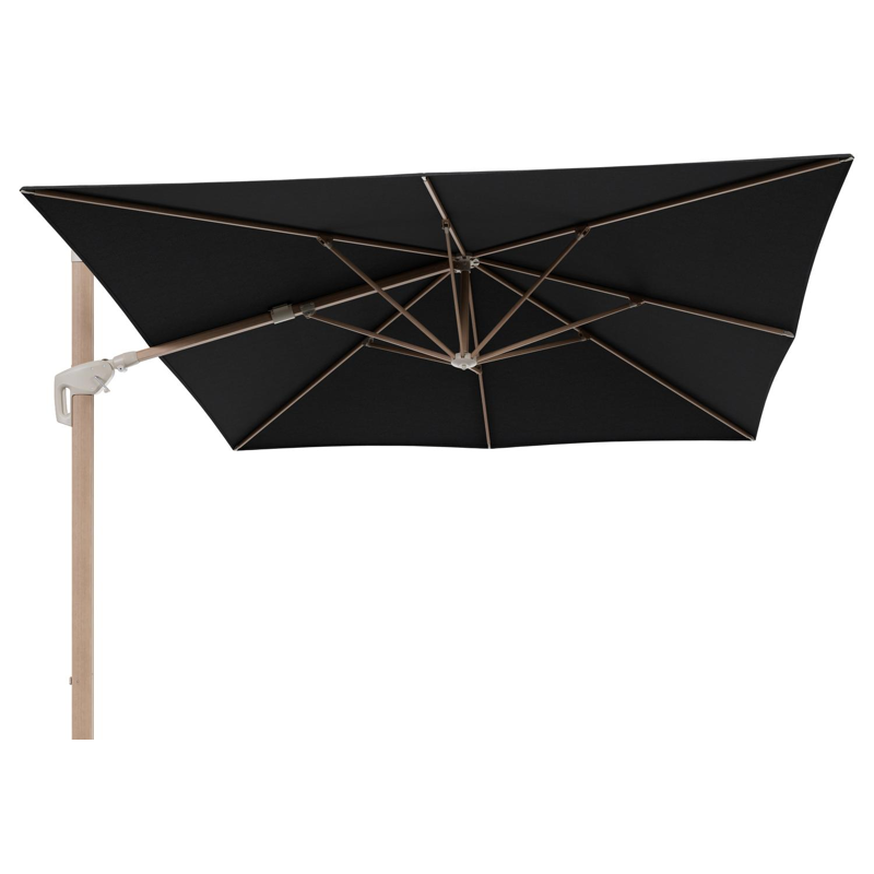 Parasol pendant Minore avec fonction tilt en aluminium aspect de bois et toile de parasol All Weather Sunbrella® Luxe Chartres Sooty - Lg.1: 350 x Lg.2: 350 cm (sans pied de parasol