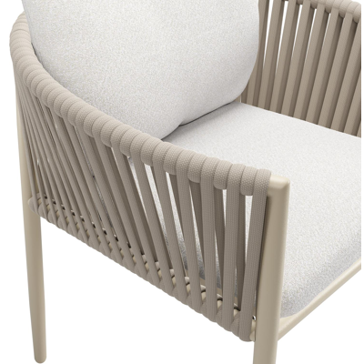 Organo tuinstoel in beige aluminium en beige verticaal geweven luxe vlakke rope met zitkussen in All Weather Solica Soul Optik