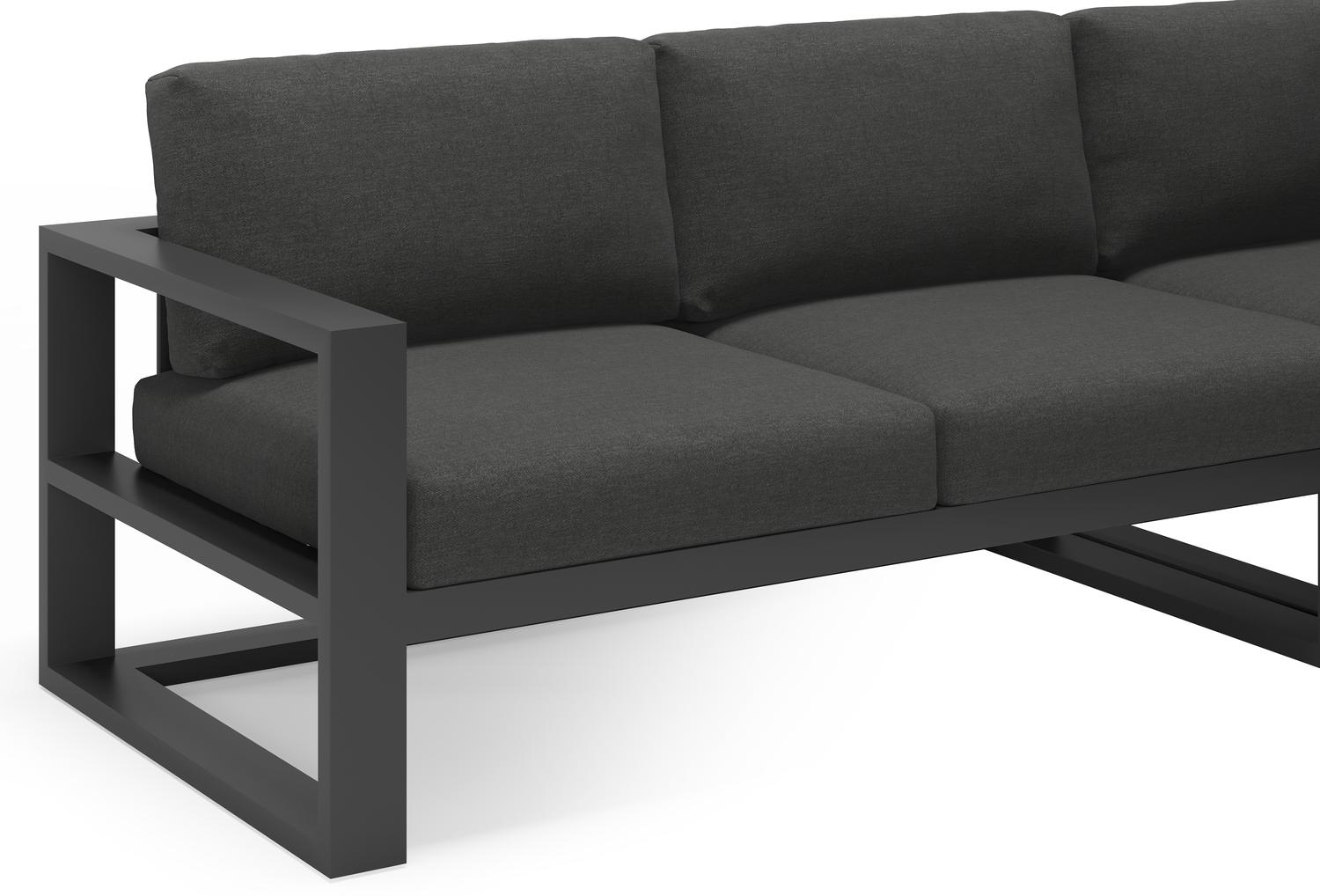 Verato loungehoek in zwart aluminium met tundra charcoal all weather sunbrella® luxe kussens