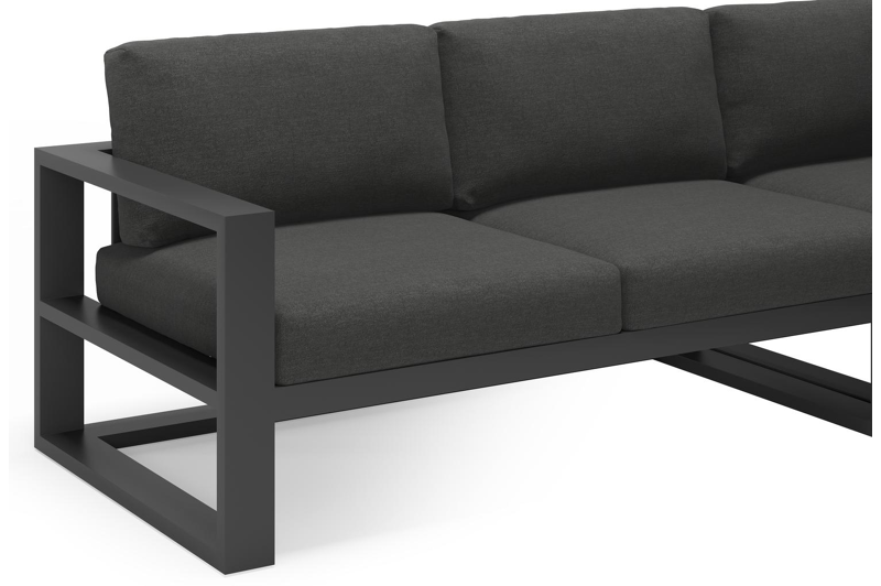 Verato loungehoek in zwart aluminium met tundra charcoal all weather sunbrella® luxe kussens