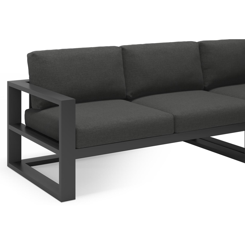 Verato loungehoek in zwart aluminium met tundra charcoal all weather sunbrella® luxe kussens