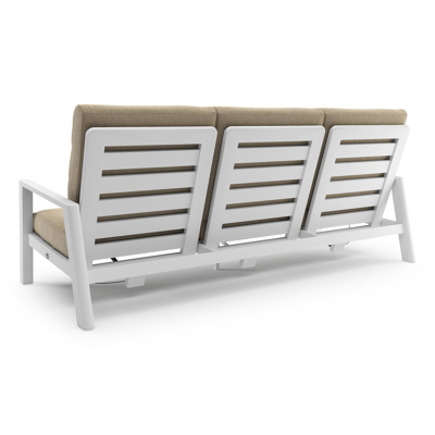 Canapé de jardin Cirello en aluminium blanc et coussins en all weather cosytica althea camel