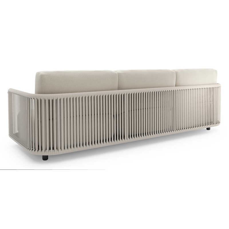 Organo loungebank in zwart aluminium en beige verticaal geweven luxe vlakke rope met lopi marble all weather Sunbrella® luxe kussen