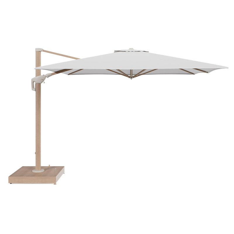 Minore zweefparasol met tiltfunctie in houtlook aluminium en Ego Birch All Weather Solica parasoldoek - L1 350 x L2 350 cm met parasolvoet Minore 260 kg met wielen